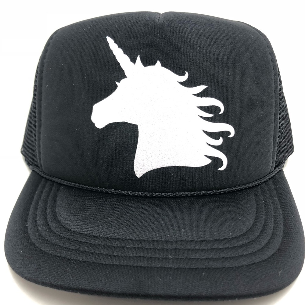 Youth white glitter unicorn black trucker hat